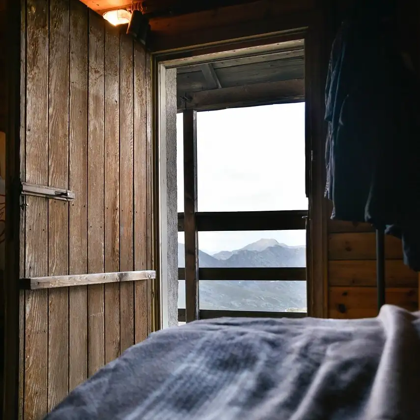 Hut from inside with view on mountains