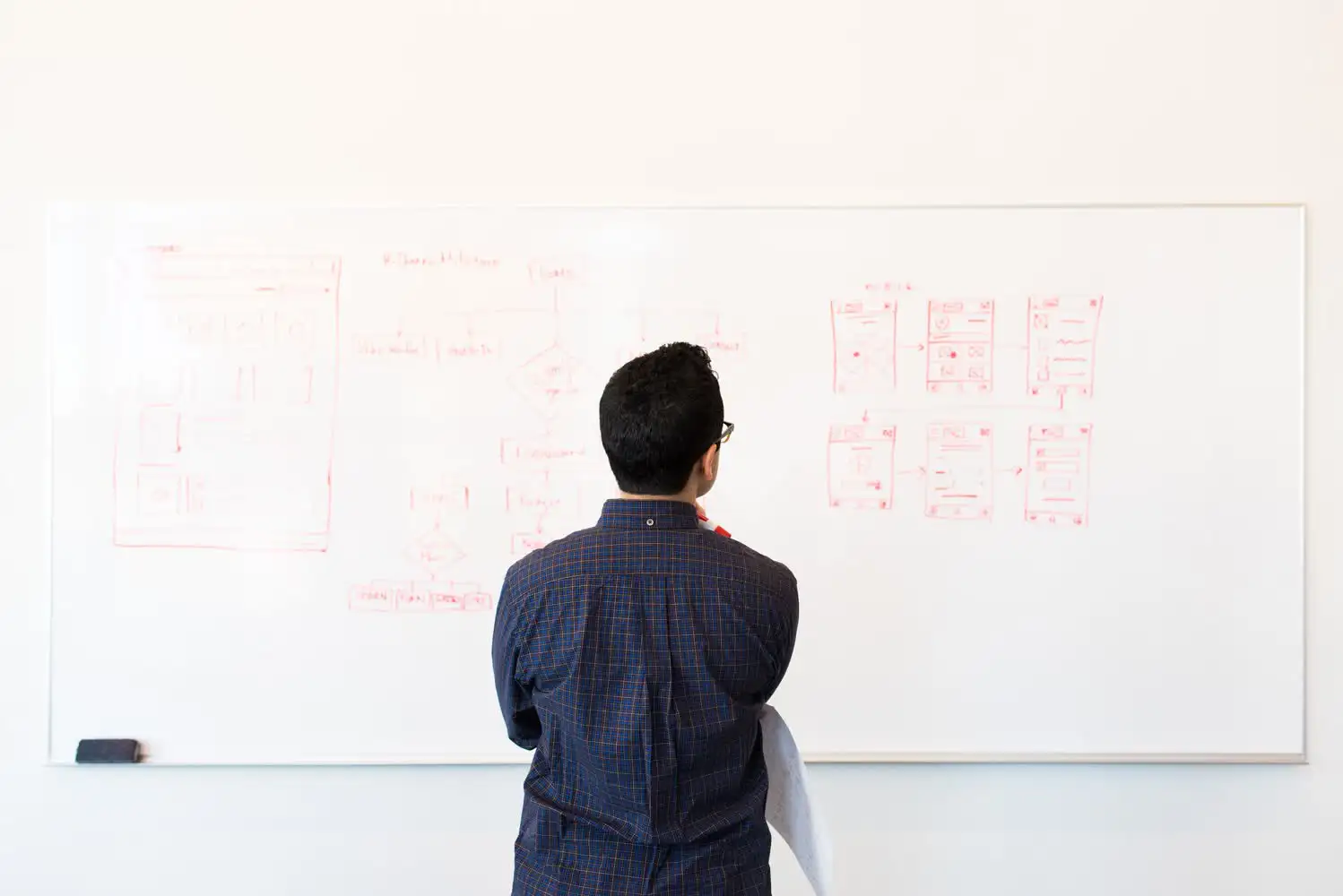 Man in front of whiteboard with prototype drawings