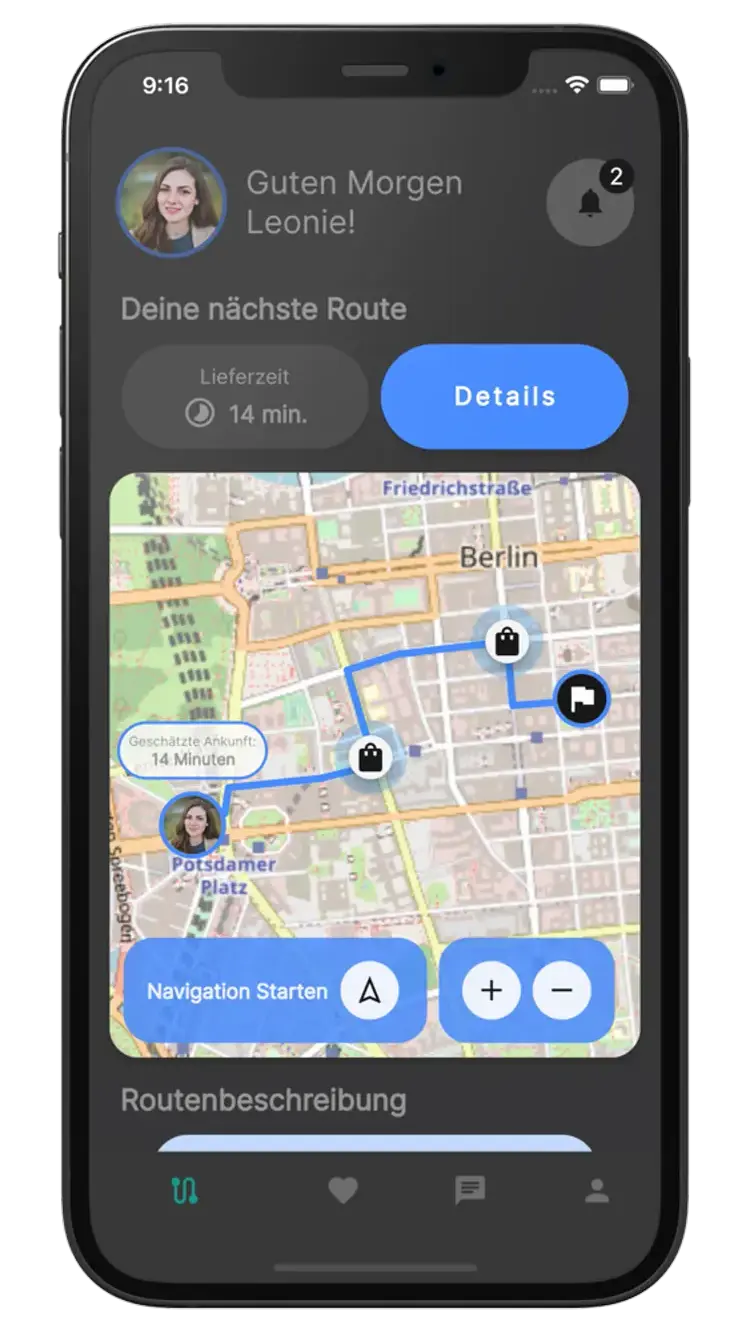 Map-based app in dark mode